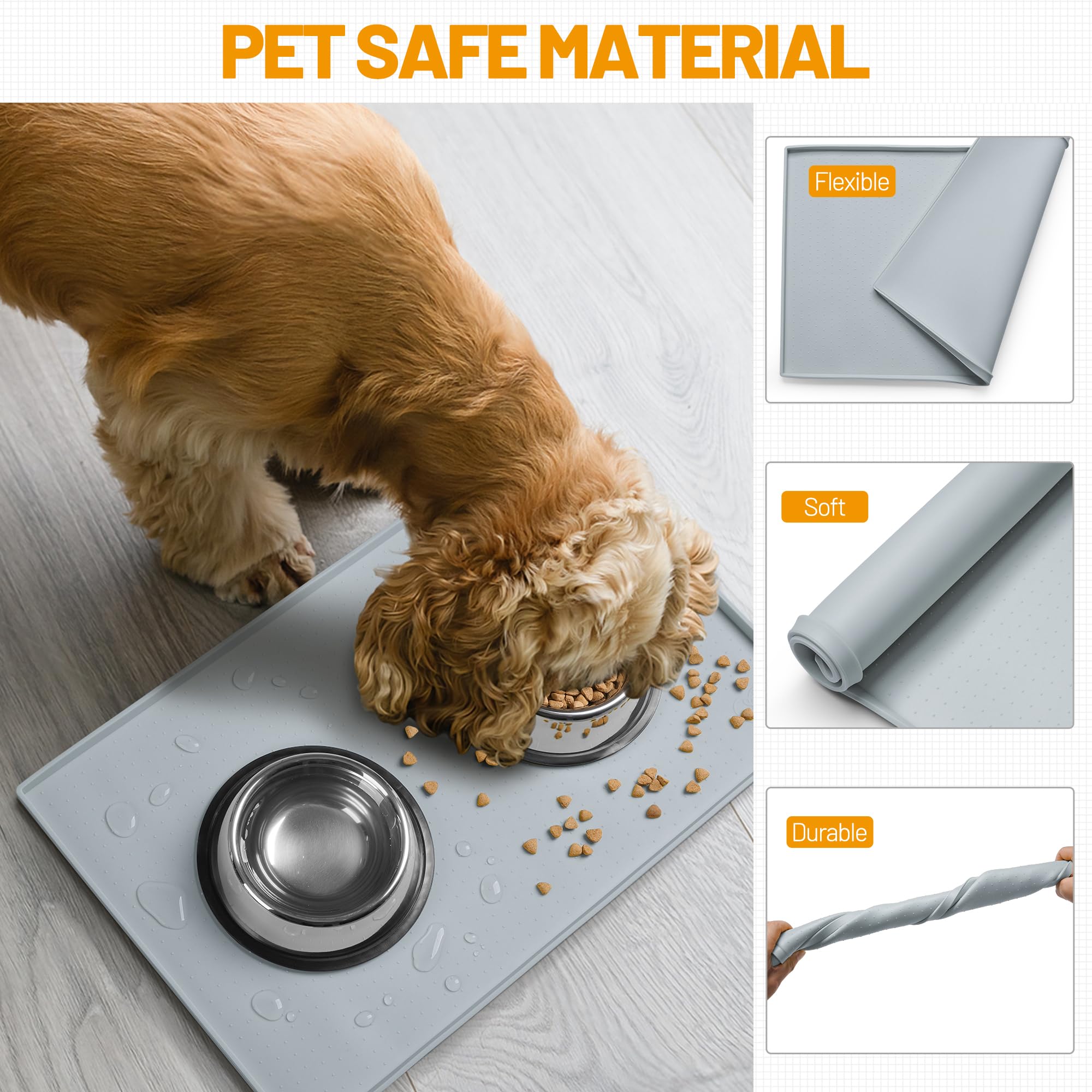 Hubulk Dog Feeding Mat placed beneath a pet water fountain.