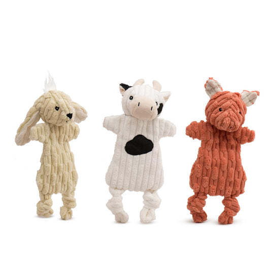 HuggleHounds Flatties Barnyard three-pack with bunny, cow and pig plush dog toys.
