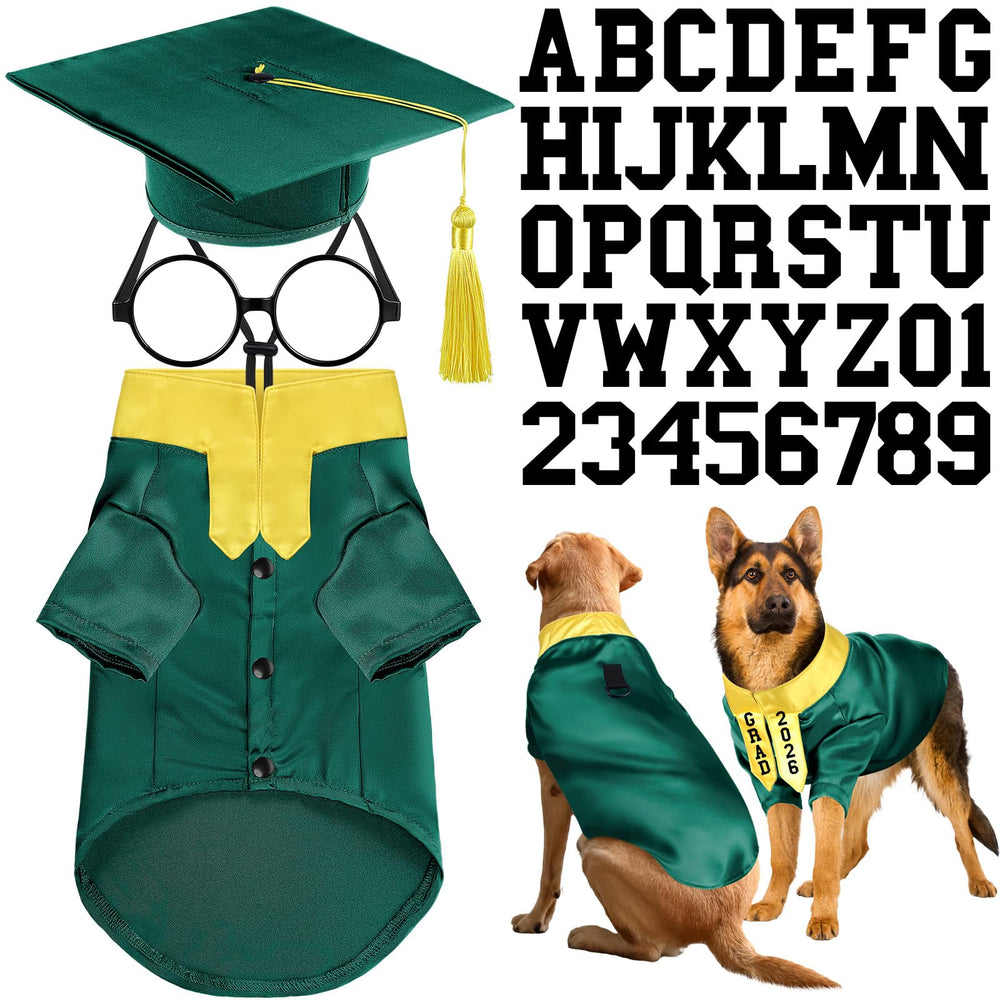 Huhumy dog graduation costume set showing the green gown, yellow stole, cap, glasses and stickers.