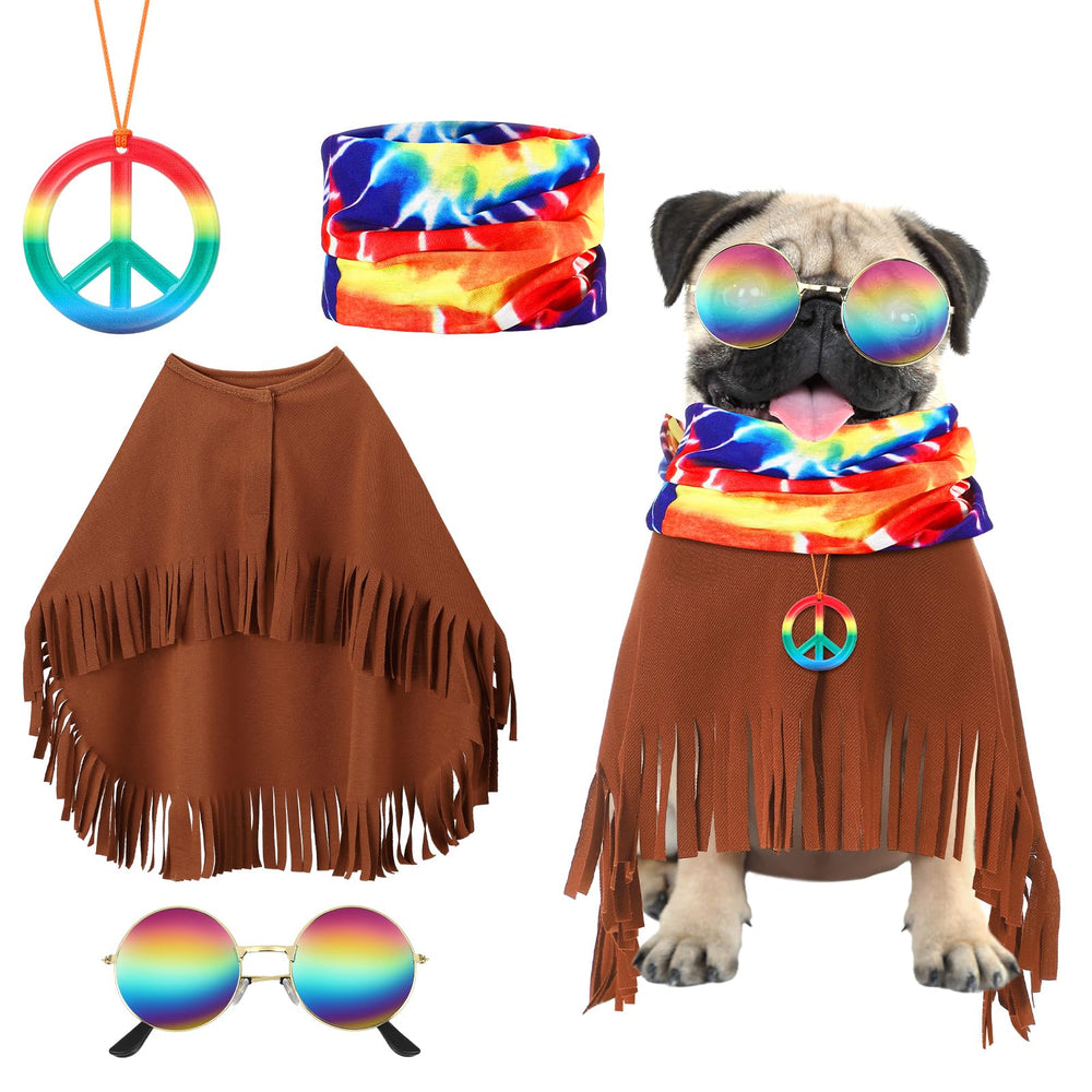 Huhumy hippie costume set showing the cape, retro sunglasses, tie-dye scarf and necklace.