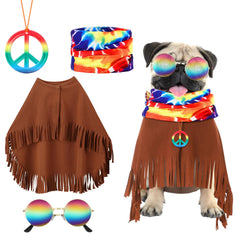Huhumy hippie costume set showing the cape, retro sunglasses, tie-dye scarf and necklace.