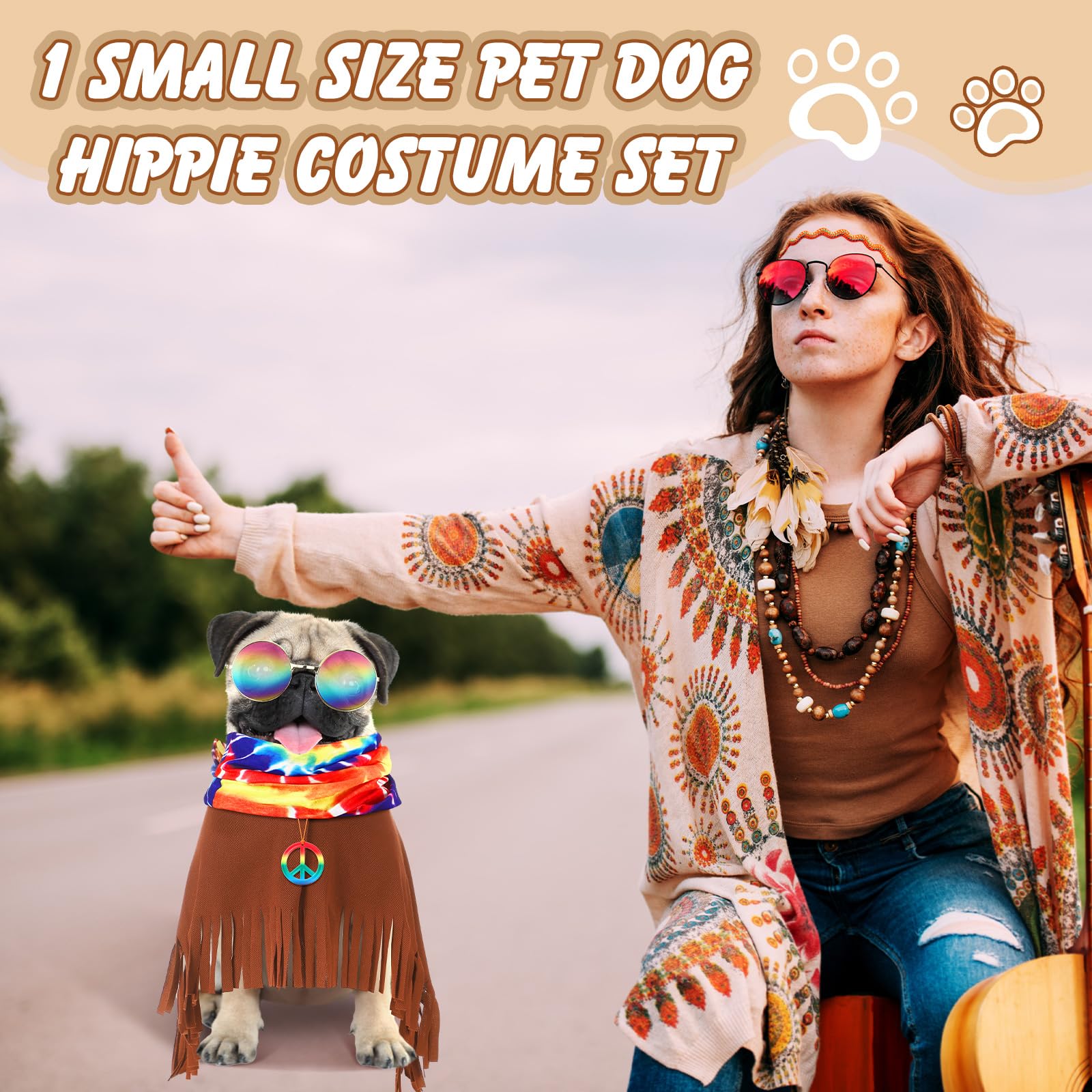 Huhumy hippie costume set highlighting the tie-dye scarf and hippie necklace.
