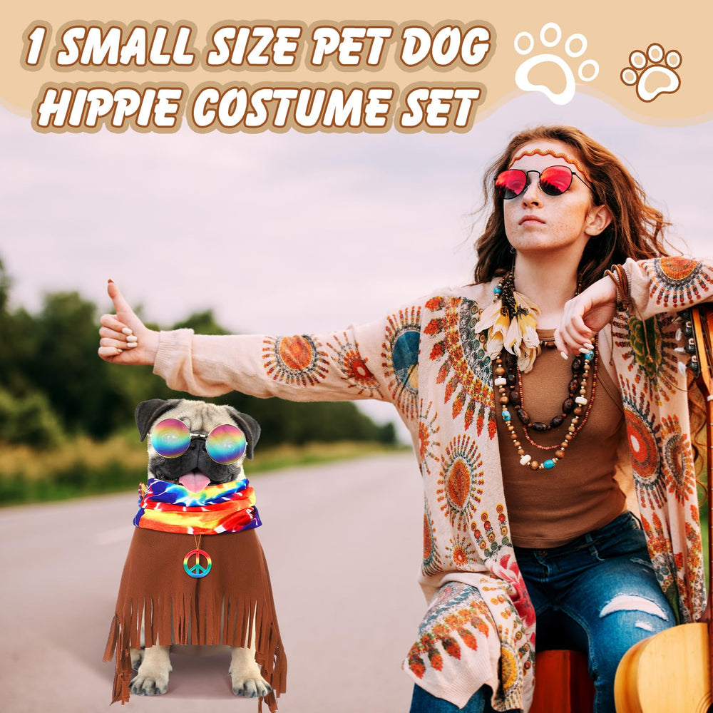 Huhumy hippie costume set highlighting the tie-dye scarf and hippie necklace.