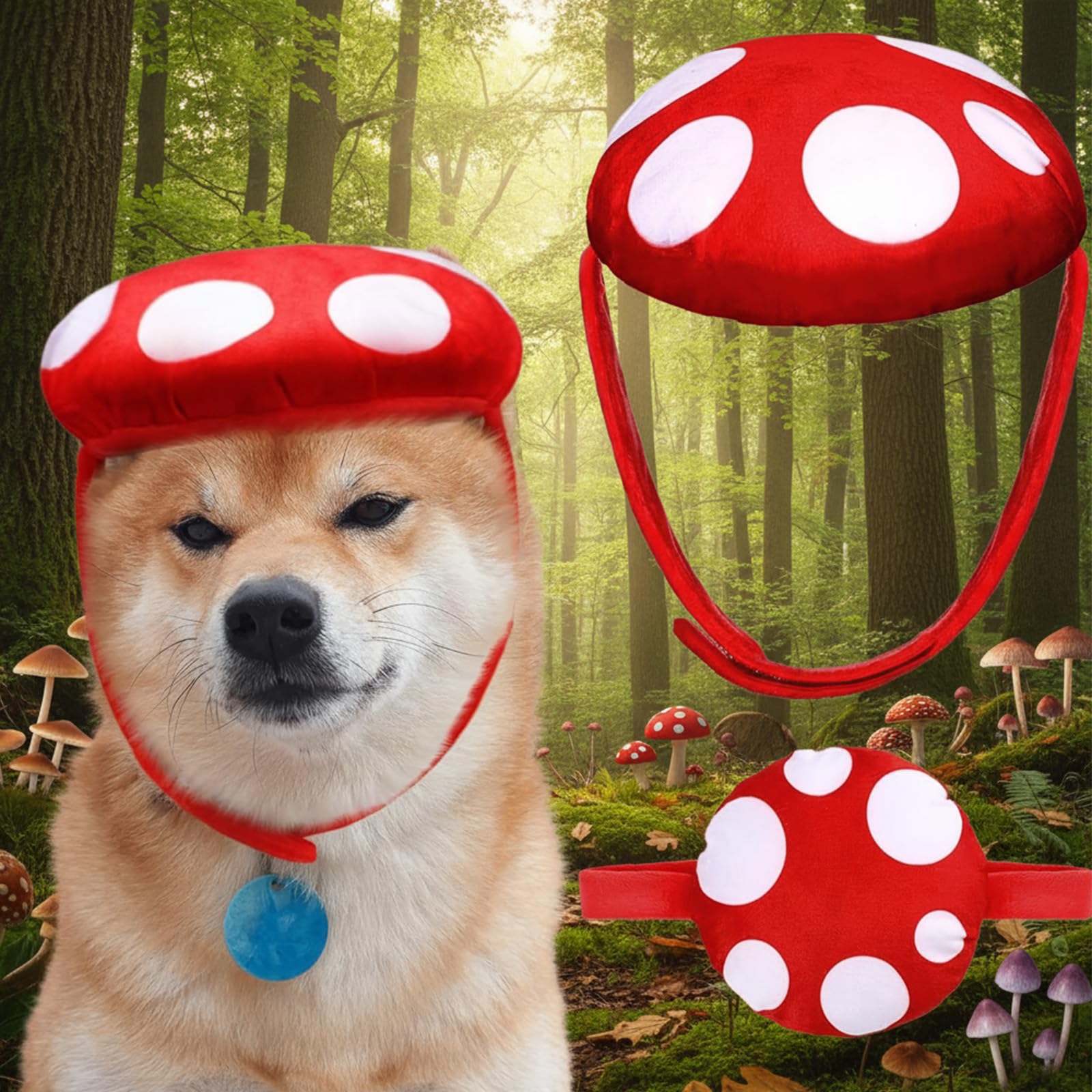 Huhumy mushroom dog hat shown from the front, highlighting its costume shape.