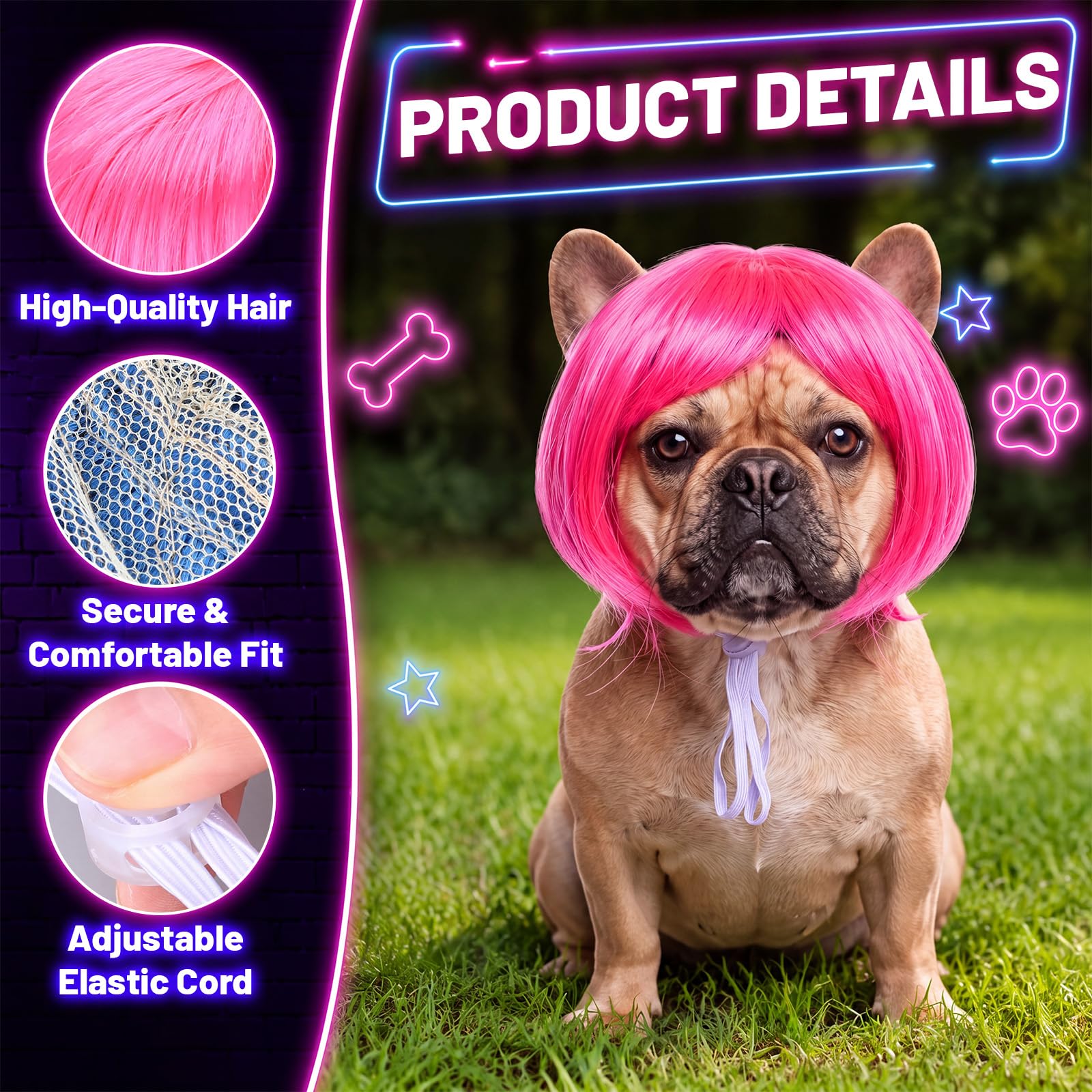Huhumy pet bob wig showing the elastic strap and buckle.