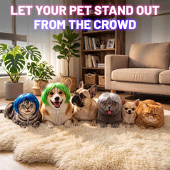 Huhumy pet bob wigs in gold, brown, silver, blue, pink, and green.