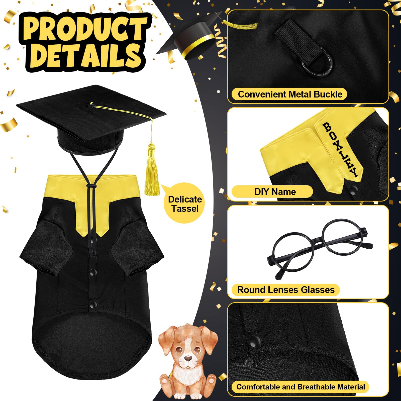Huhumy pet graduation cap with a yellow tassel shown close up.