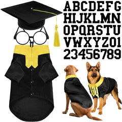 Huhumy pet graduation costume set with gown, stole, cap, lensless glasses, and letter stickers.