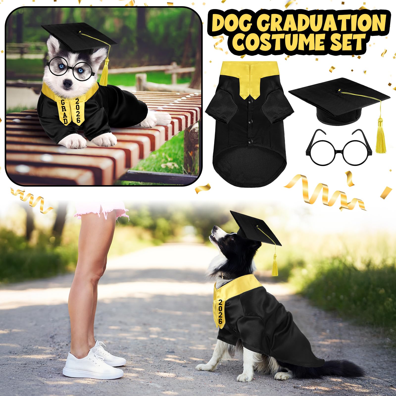 Huhumy pet graduation costume shown worn for a graduation photo.