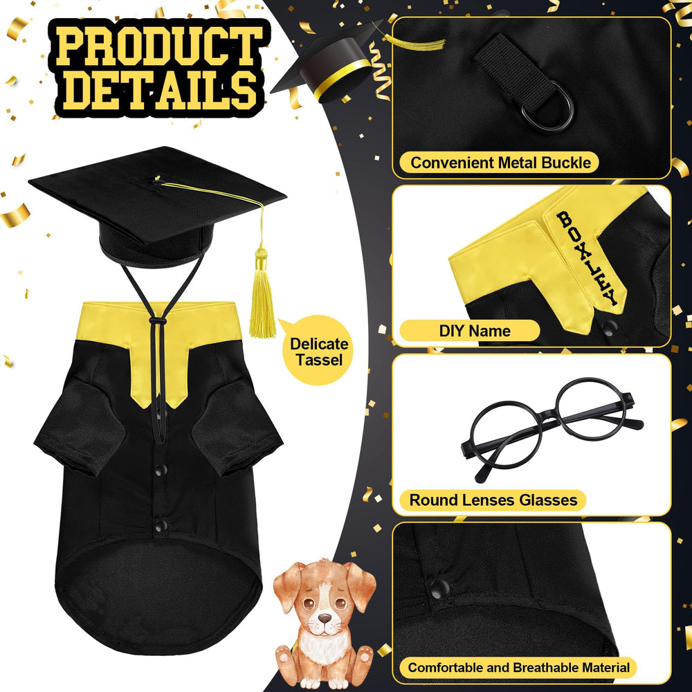 Huhumy pet graduation gown showing its black polyester satin and yellow stole.