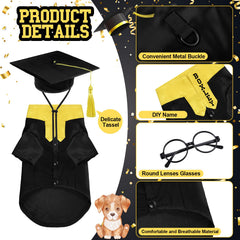 Huhumy pet graduation gown showing its black polyester satin and yellow stole.