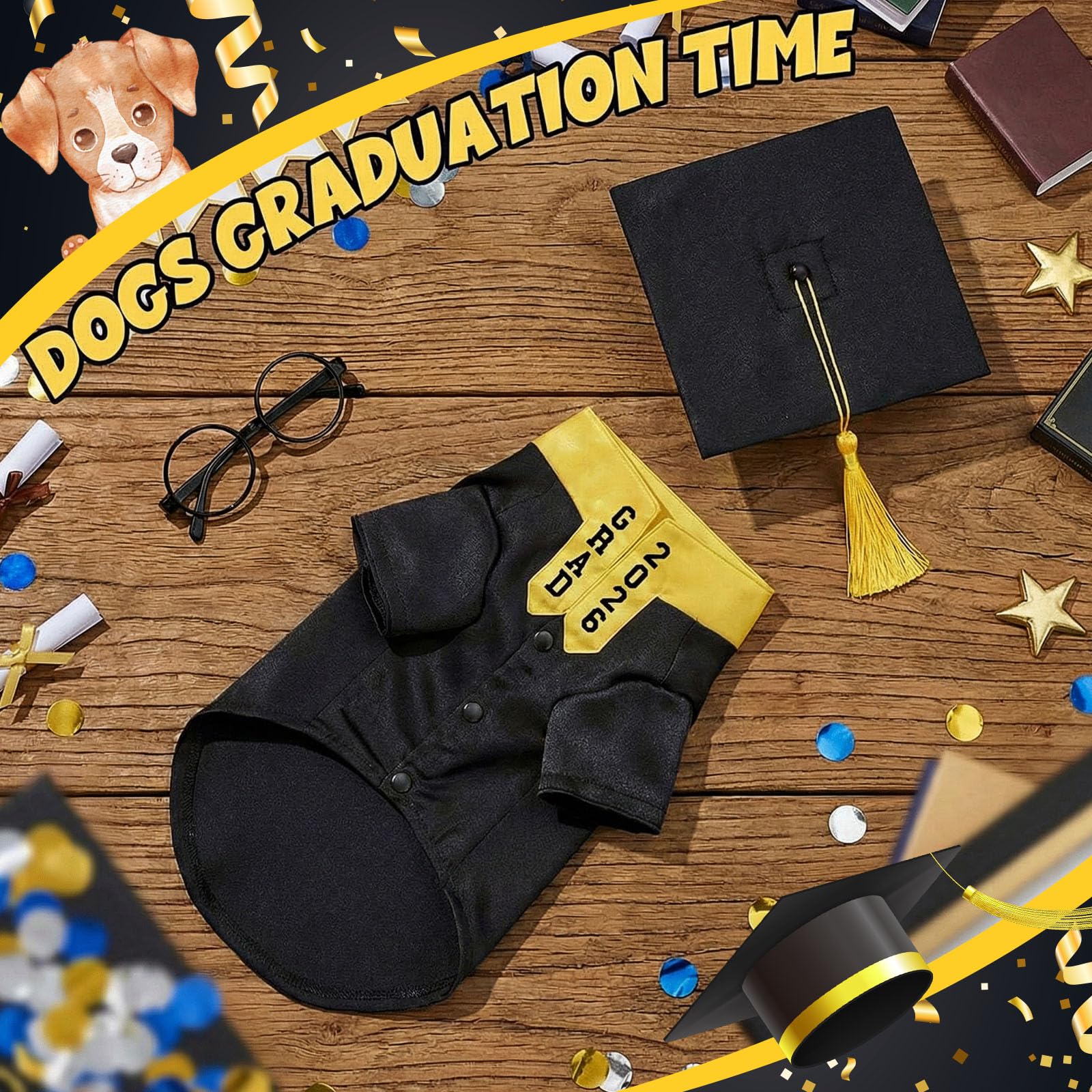 Huhumy pet graduation costume round lensless glasses shown separately.