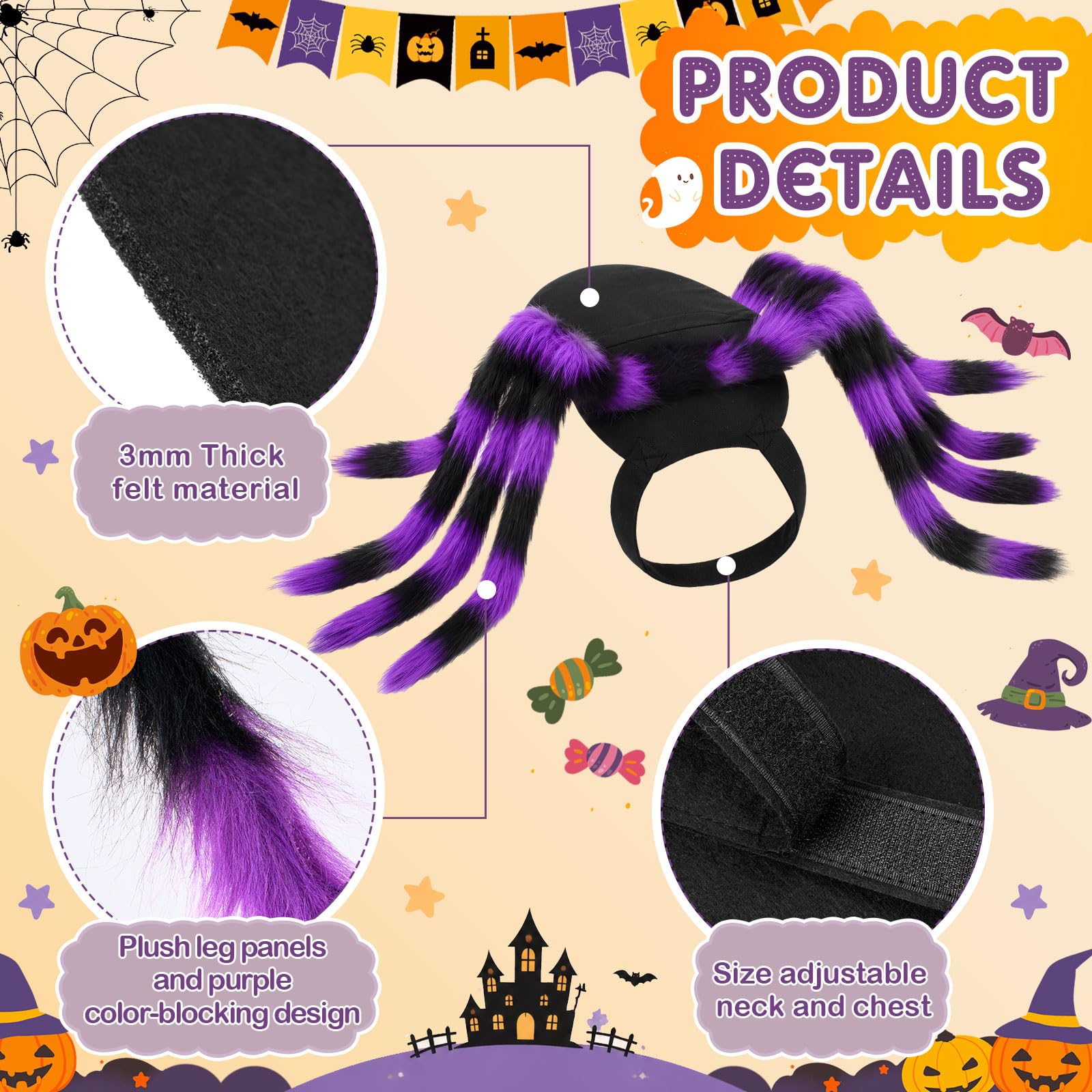 Huhumy spider pet costume detail showing its integrated adjustable harness.