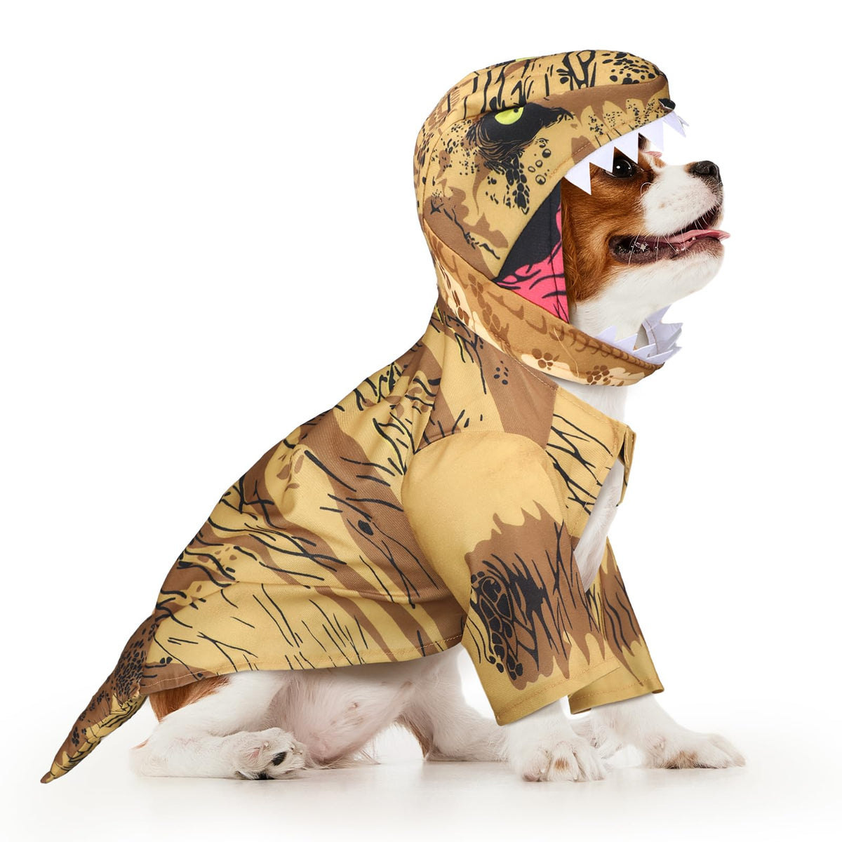 Huhumy T. Rex Dog Costume shown from the front with its dinosaur-shaped design.