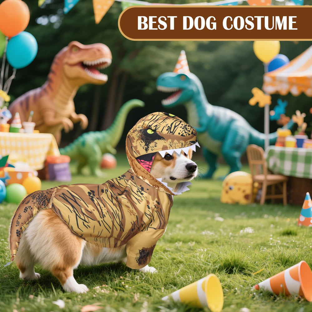 Huhumy T. Rex Dog Costume shown being worn by a dog.