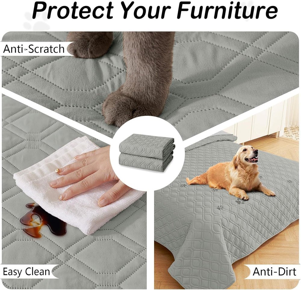 hyha dog blanket used as a protective cover on a bed.