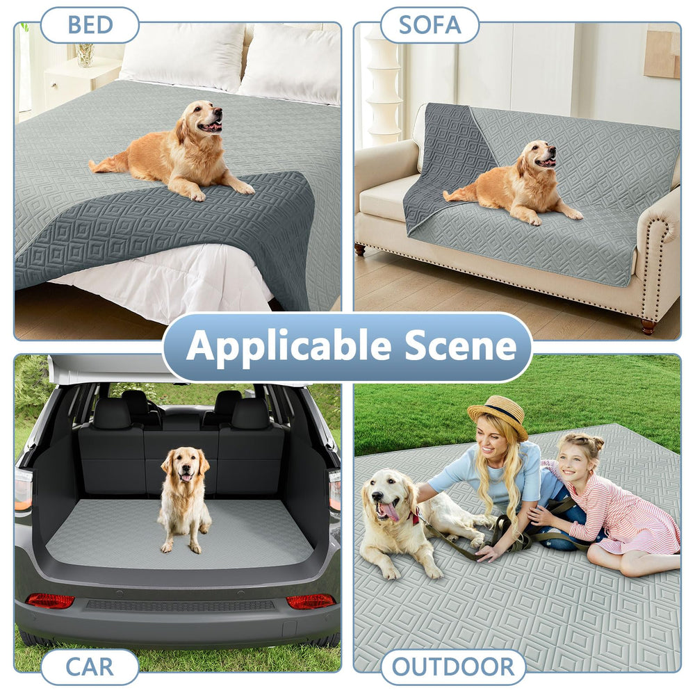 hyha waterproof dog blanket placed on a bed.