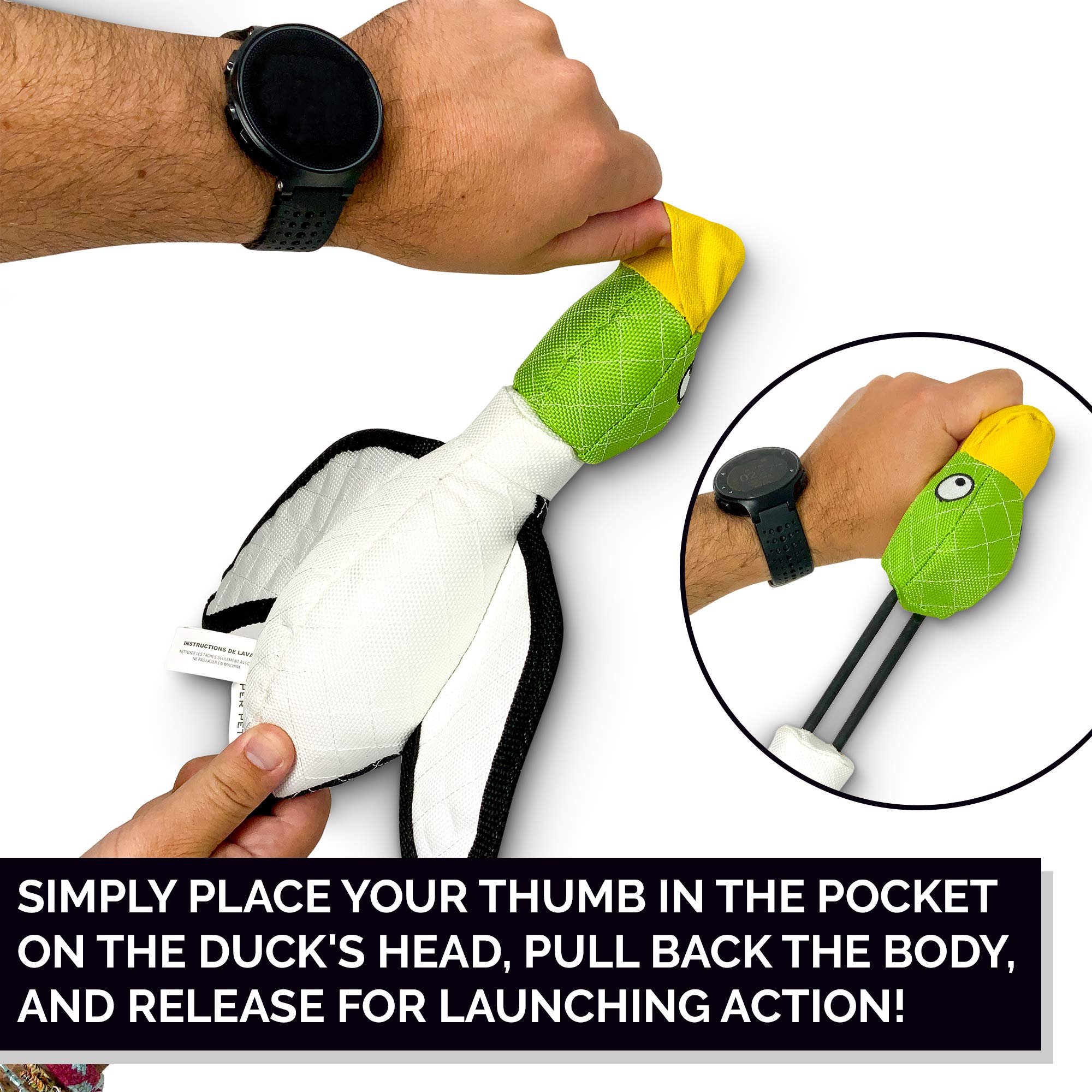 Hyper Pet Flying Duck dog toy head with its thumb pocket in focus.