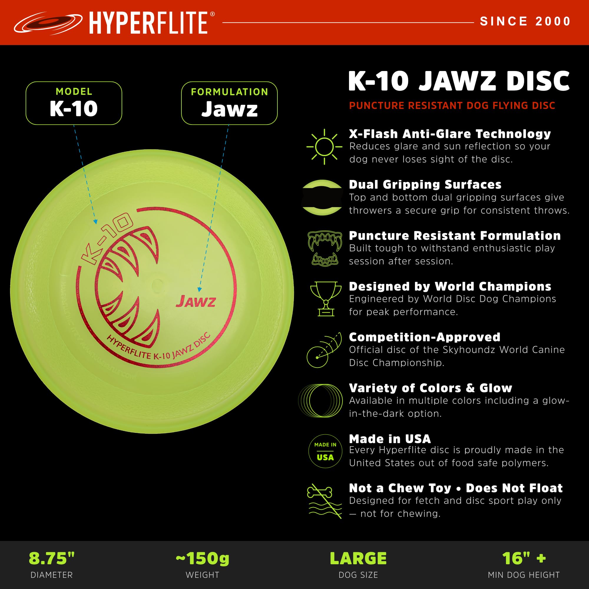 Hyperflite K-10 Jawz dog flying disc shown from the rim profile.