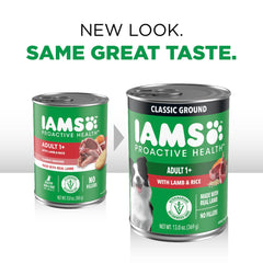 IAMS lamb and rice wet dog food recipe presentation.