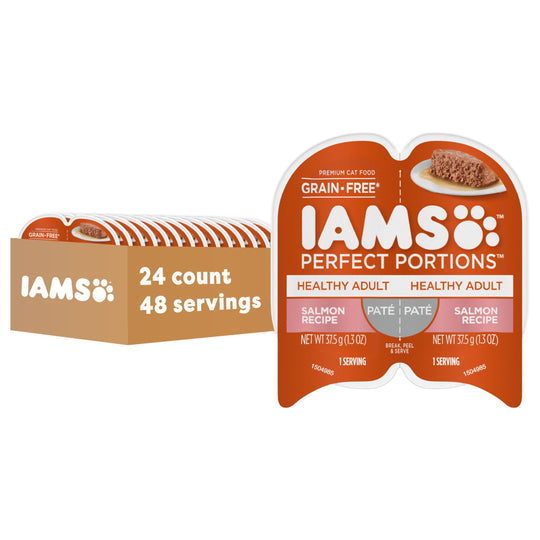 IAMS Perfect Portions salmon pâté wet cat food shown with the front of its package.