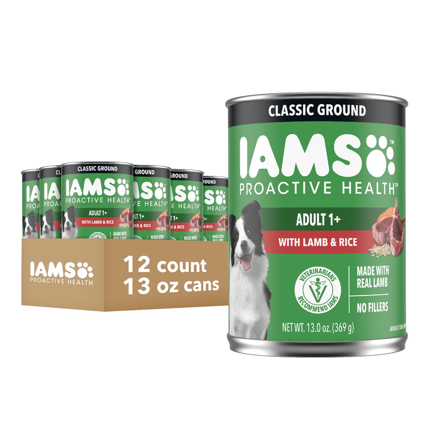 IAMS wet dog food can shown from the front.