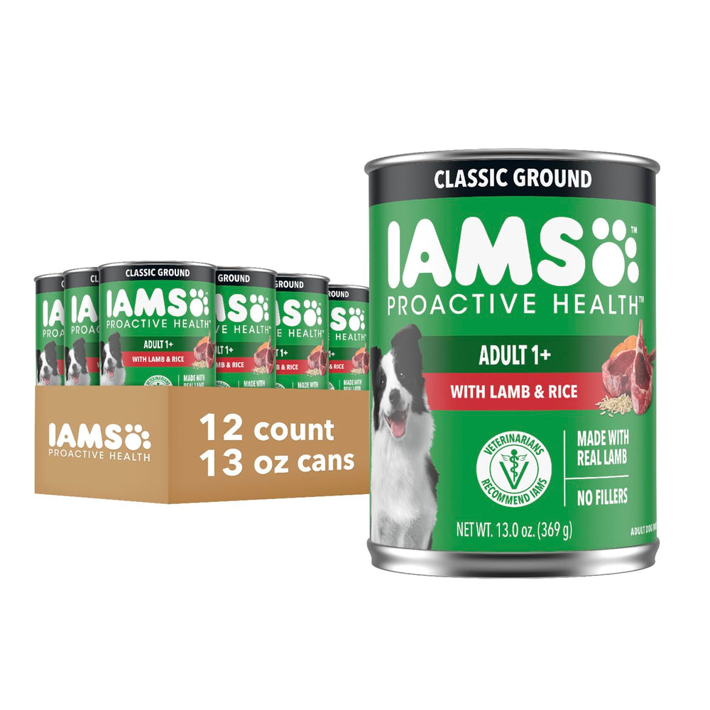 IAMS wet dog food can shown from the front.