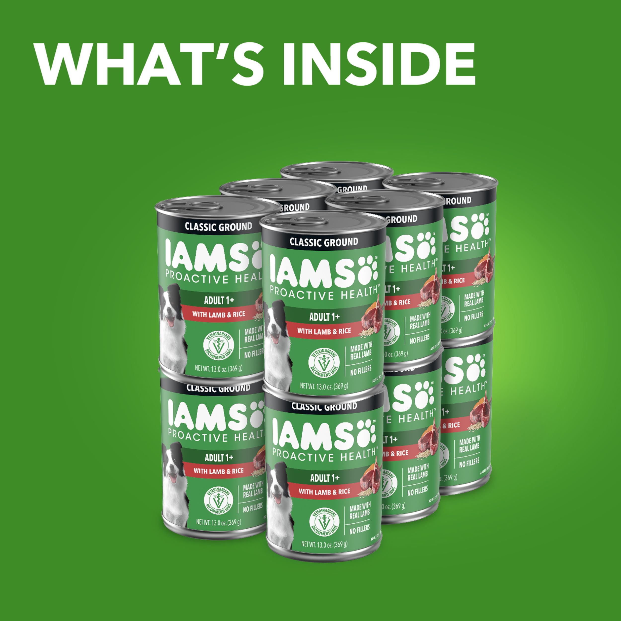 IAMS wet dog food 12-pack shown together.