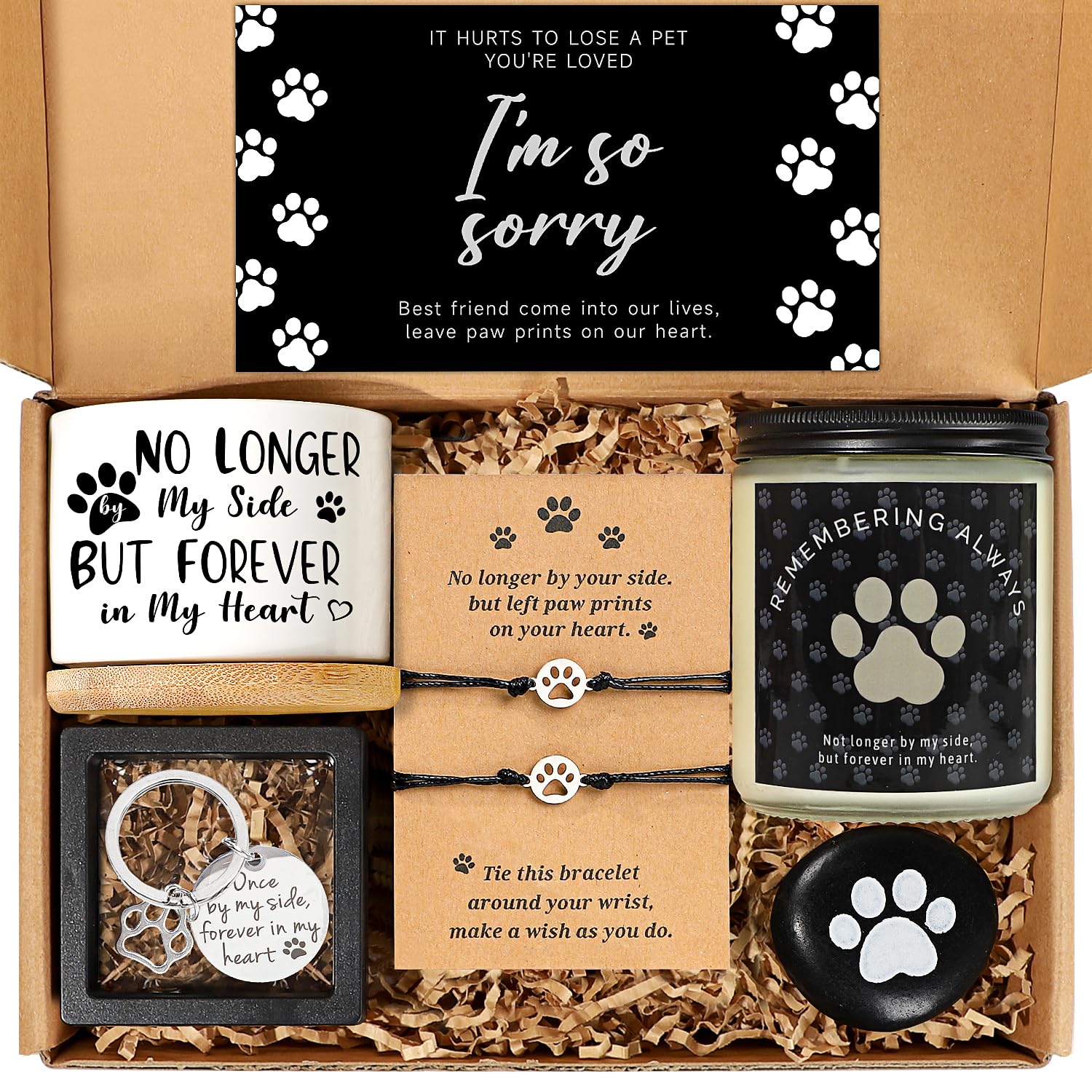 iAOVUEBY dog memorial gift box with its remembrance items arranged as a complete set.