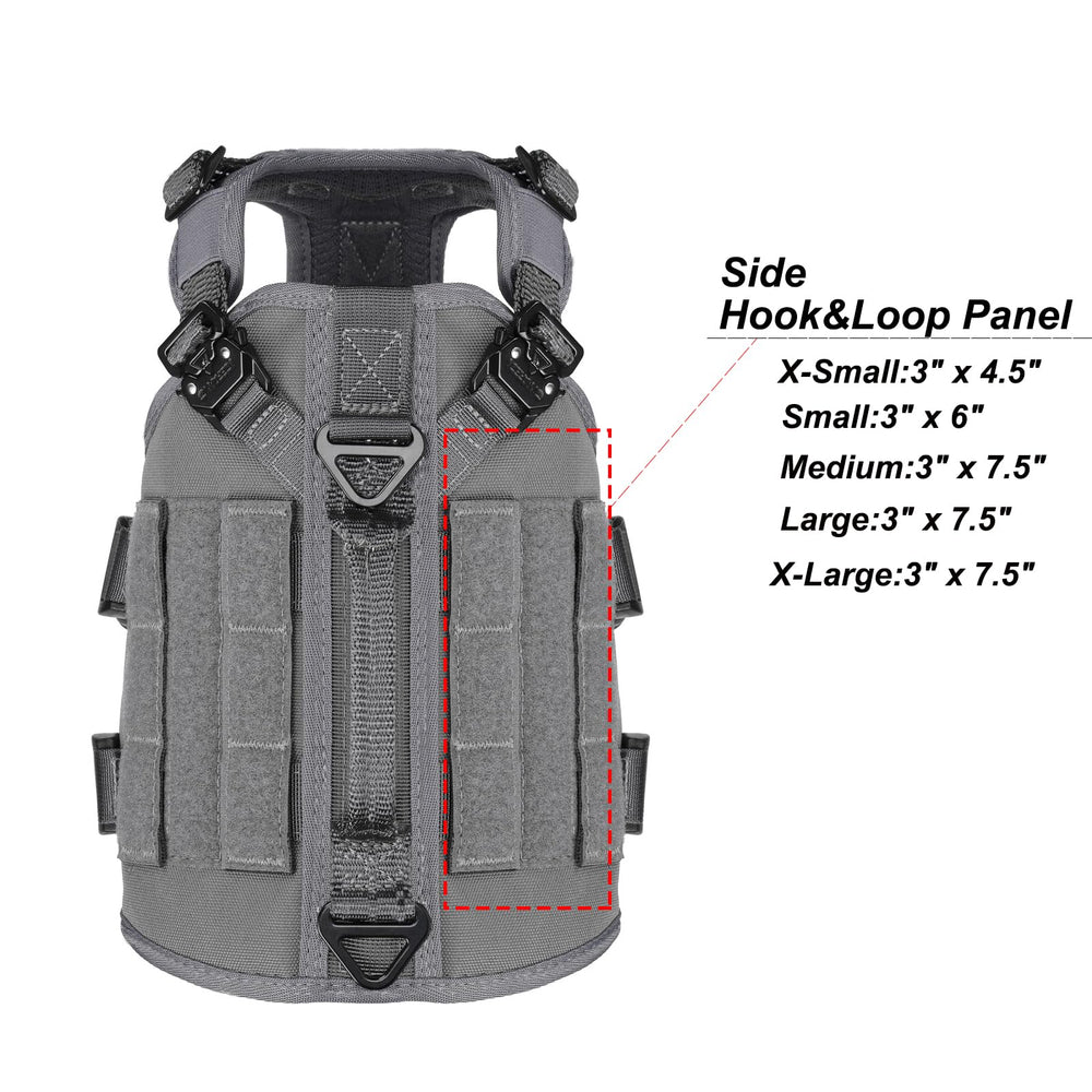 ICEFANG dog harness detail showing quick-release buckles and loop panels.