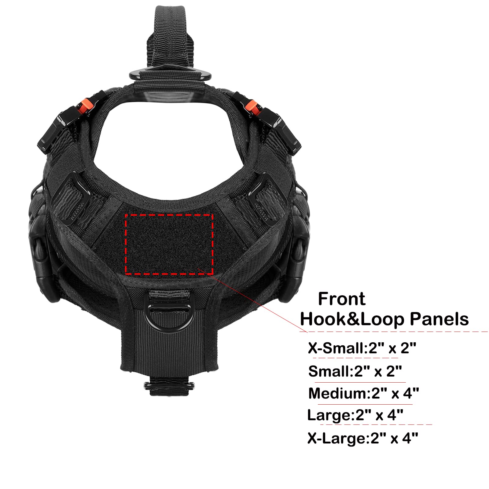 ICEFANG dog harness side view showing the MOLLE strips and loop panels.