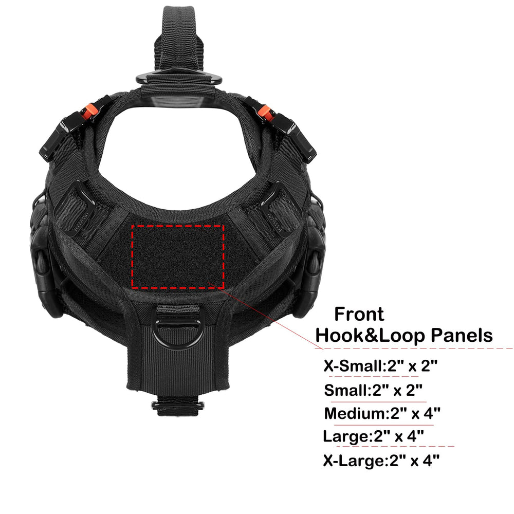 ICEFANG dog harness side view showing the MOLLE strips and loop panels.