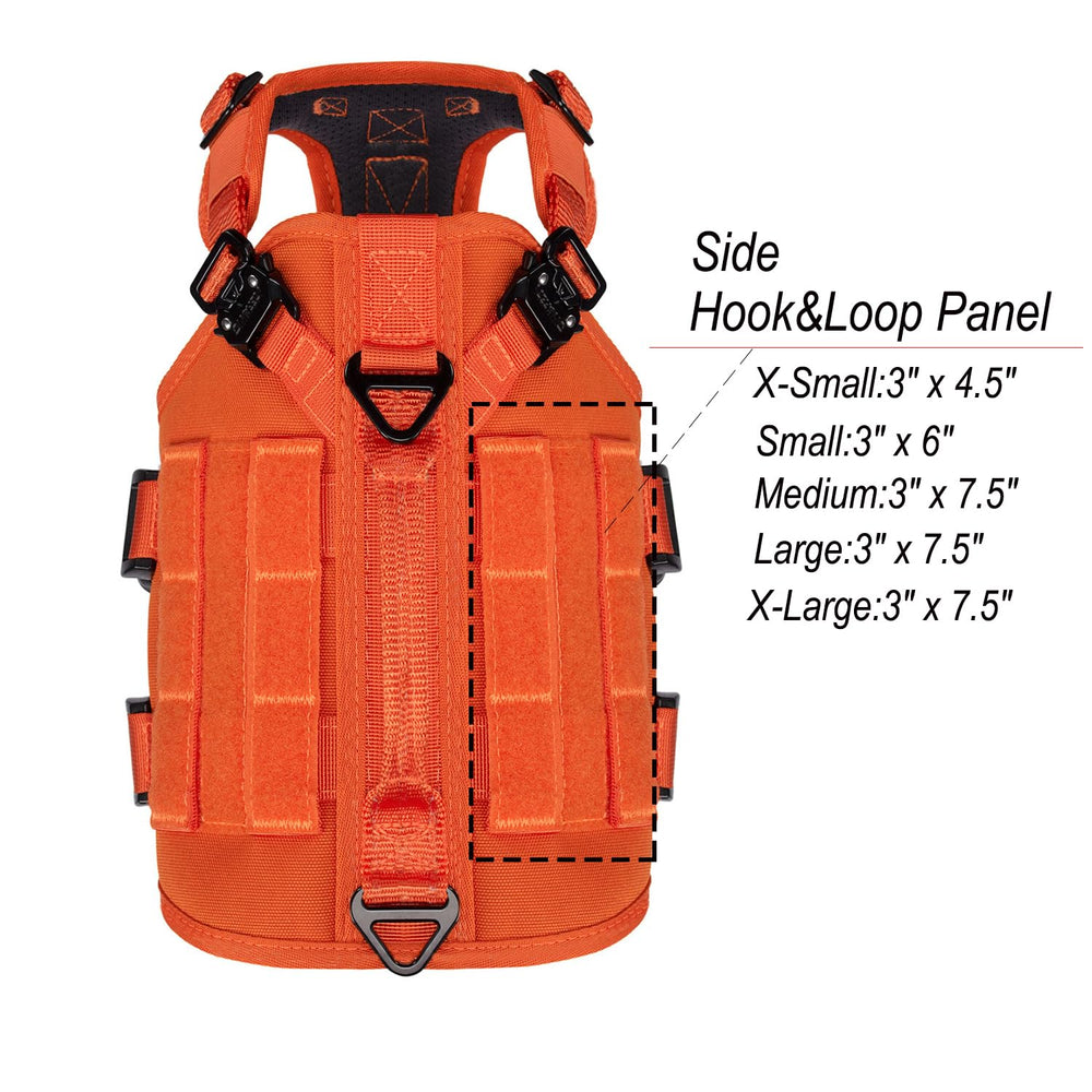 ICEFANG dog harness side view showing MOLLE strips and sewn loop panels.