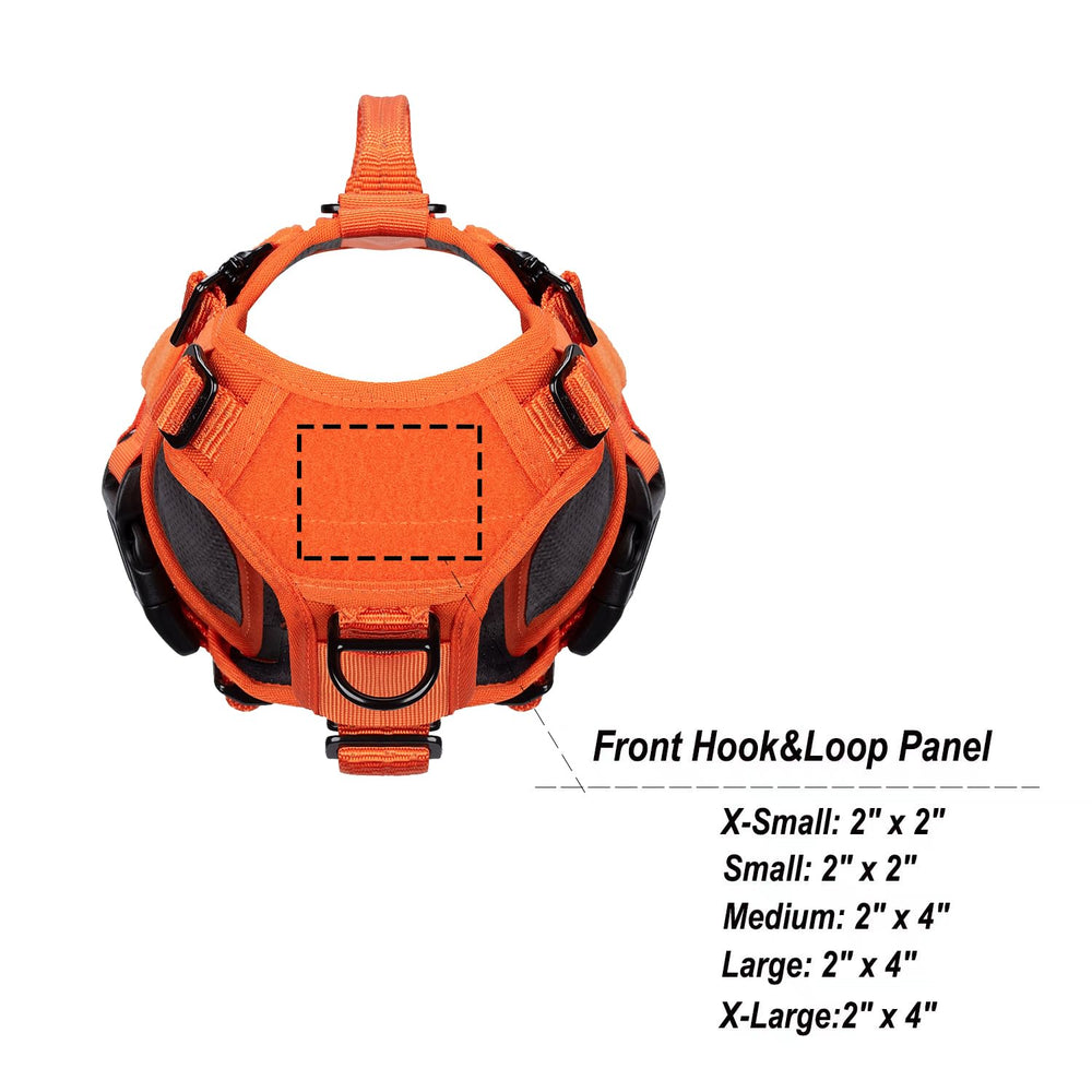 ICEFANG dog harness size chart showing neck and chest measurement ranges.