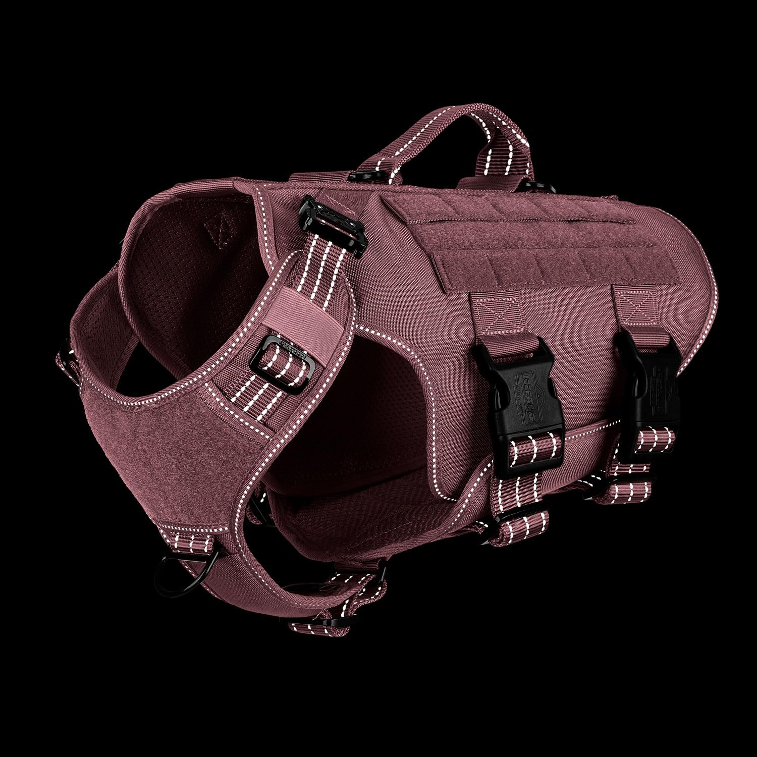 ICEFANG tactical dog harness highlighting its quick-release buckles and adjustable fit.