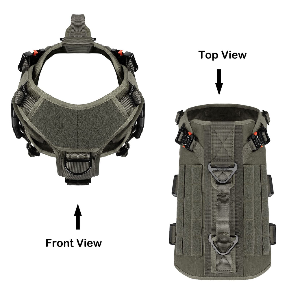 ICEFANG tactical dog harness showing its quick-release buckles and adjustment straps.