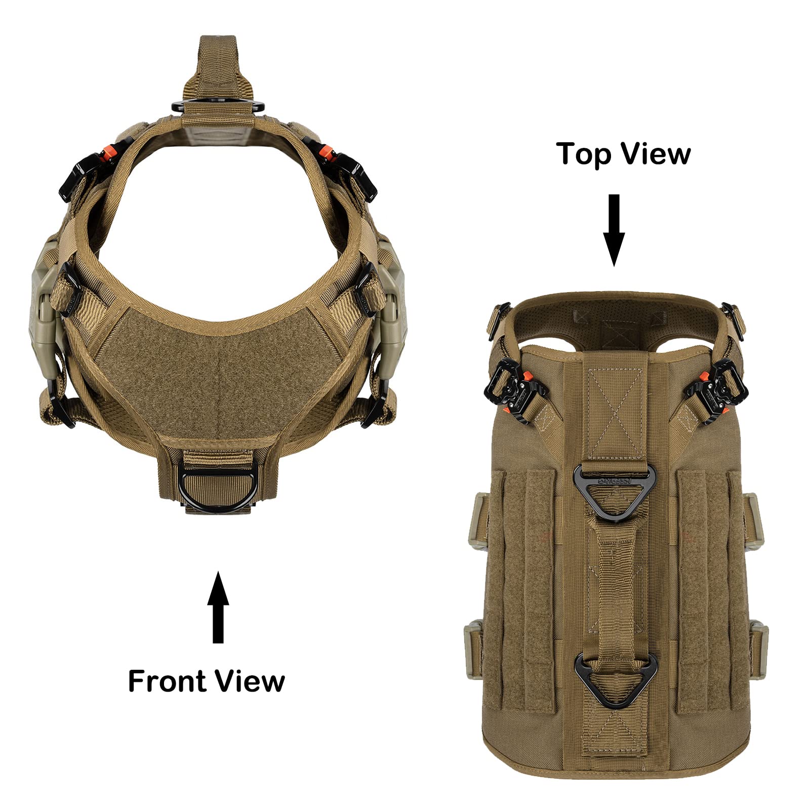 ICEFANG tactical dog harness with its quick-release buckle details.