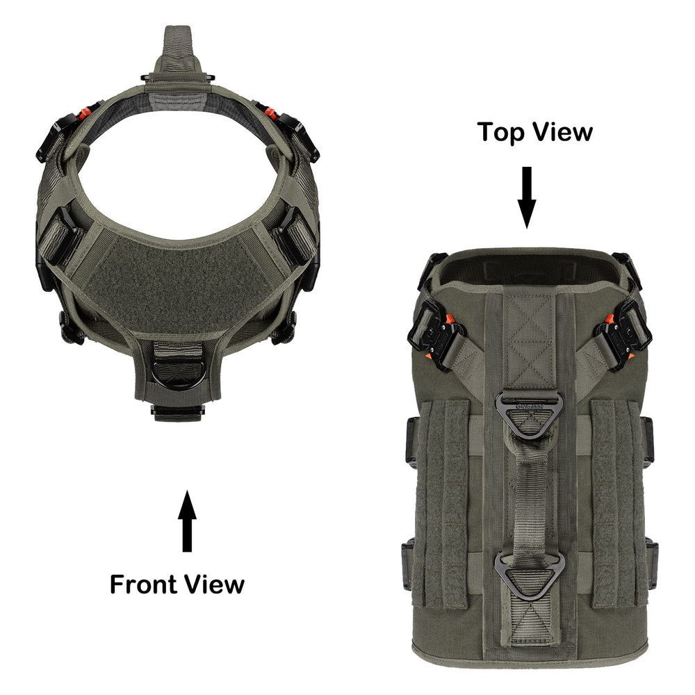 ICEFANG tactical dog harness showing the front chest and back leash attachment points.