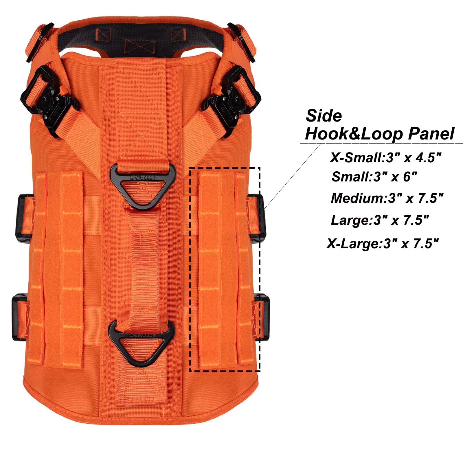 ICEFANG tactical dog harness showing its side MOLLE strips and loop panels.