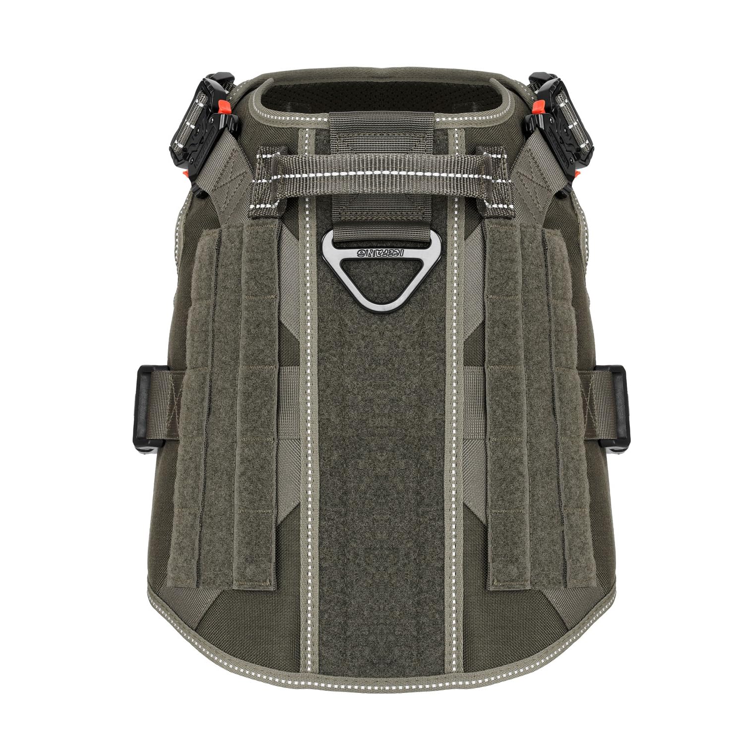 ICEFANG Tactical Dog Harness side view showing MOLLE strips and sewn loop panels.