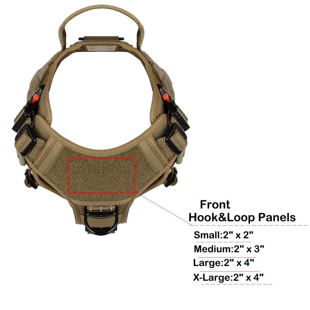 ICEFANG tactical dog harness side view showing MOLLE strips and hook-and-loop patch panels.