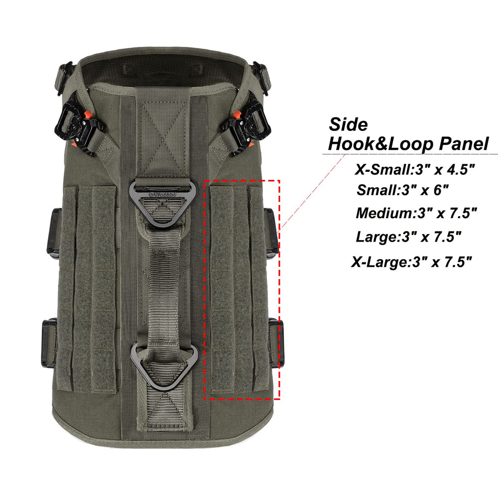 ICEFANG tactical dog harness showing the sewn side and chest loop panels.