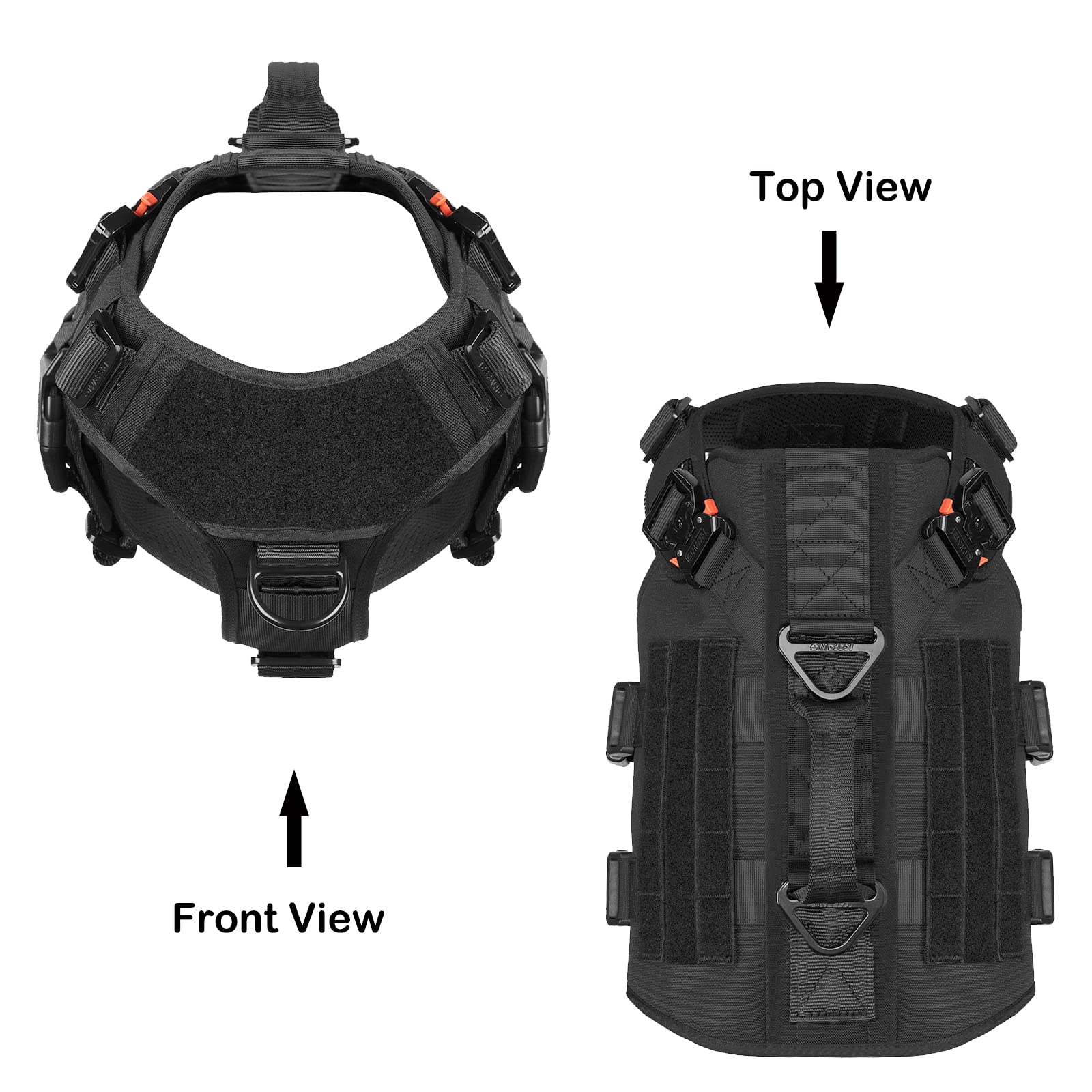 ICEFANG tactical dog harness showing the side MOLLE-compatible strips and loop panel.