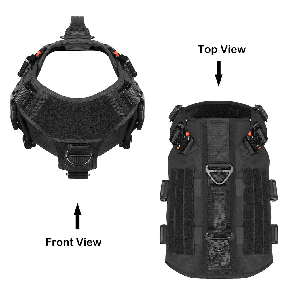 ICEFANG tactical dog harness showing the side MOLLE-compatible strips and loop panel.