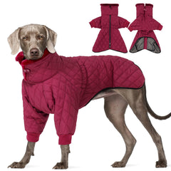IDOMIK dog winter coat shown from the front in Wine Red.