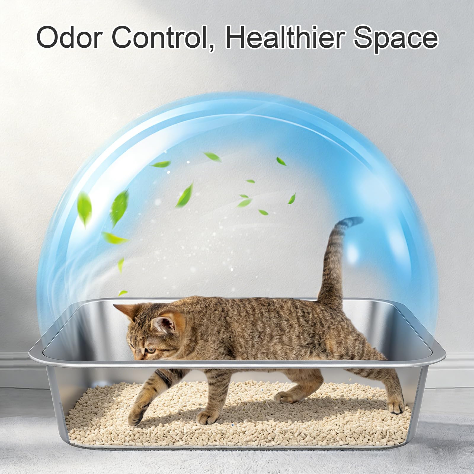 Idymere small stainless steel cat litter box shown from the side to display its pan shape.