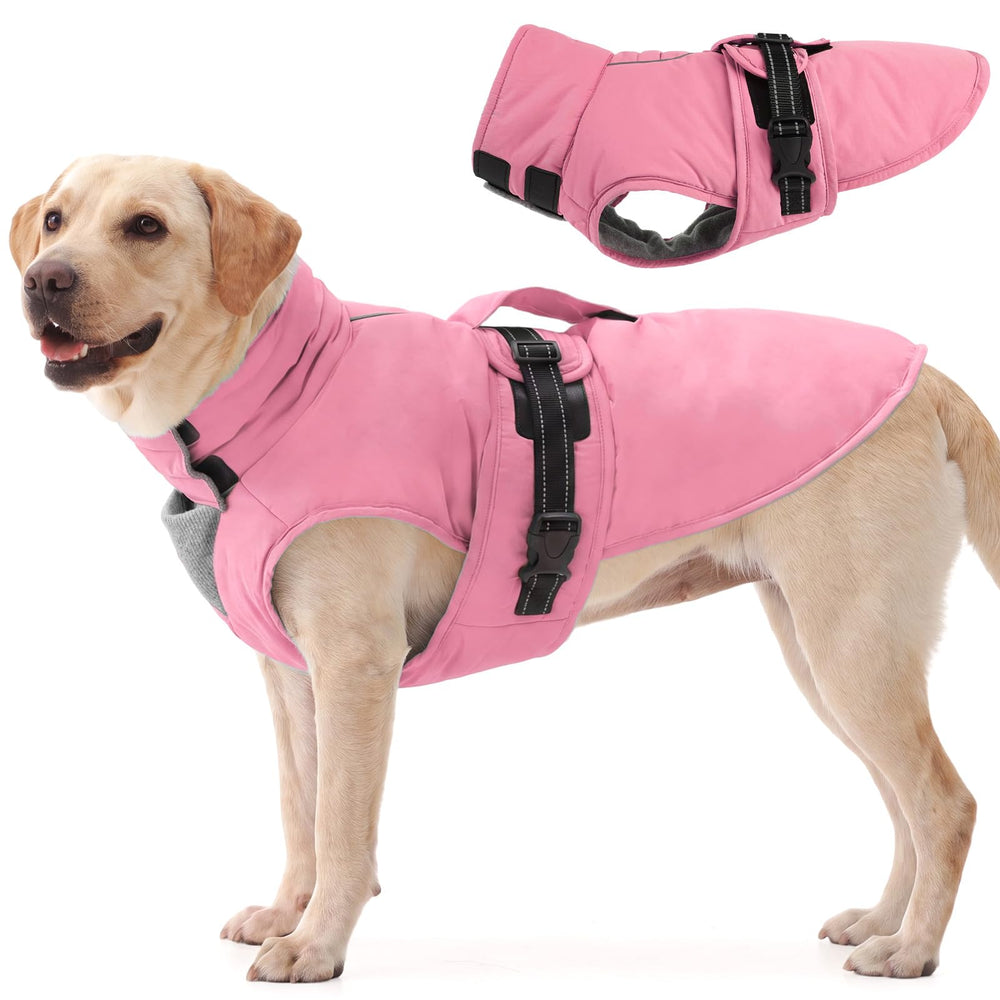 IECOii large dog winter coat shown from the front in pink.