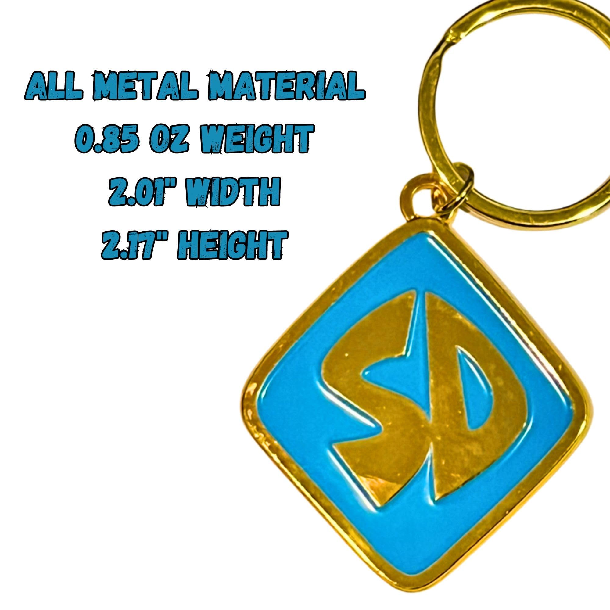 ImagineeringDepot metal dog collar tag with a shiny gold finish and blue accents.