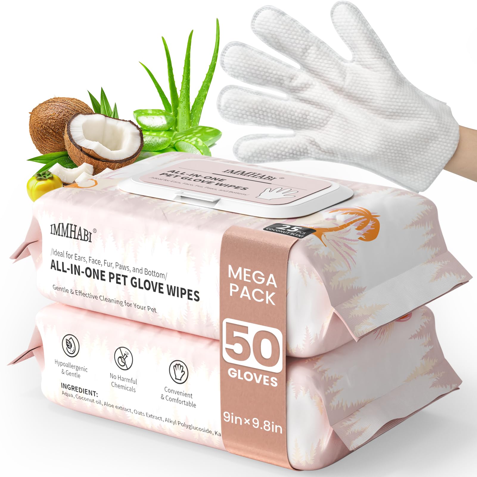 IMMHABI pet glove wipes shown with the front of the 50-count pack.