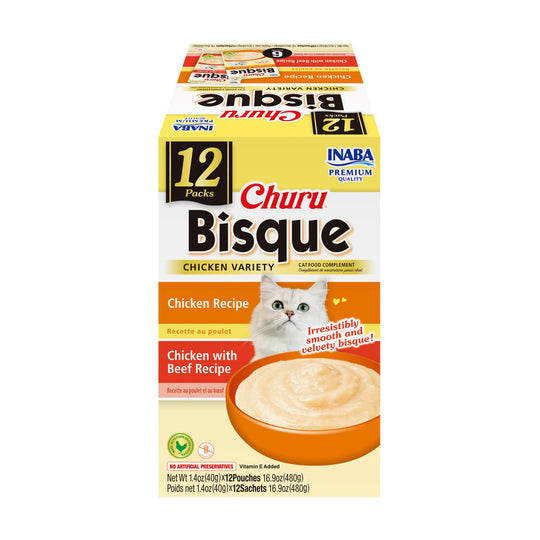 INABA Churu Bisque chicken variety pouch shown from the front.